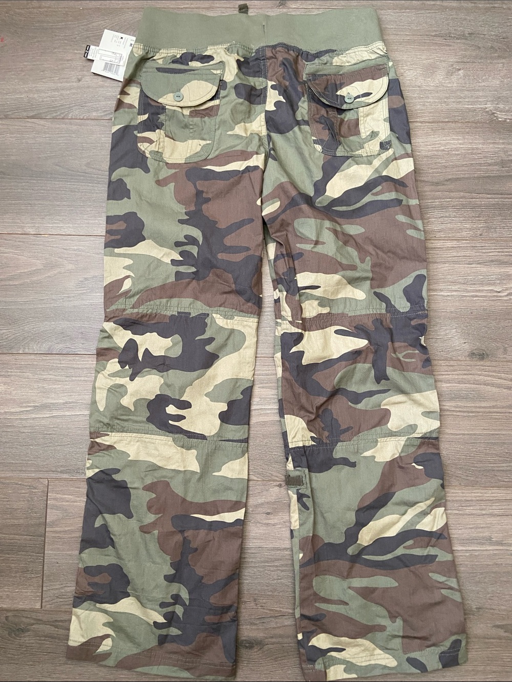 CAMO CARGO STRAIGHT PANTS WIDE ELASTIC BAND DRAWSTRINGS ADJUSTABLE ROLL-UP PANTS - Picture 2 of 13
